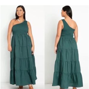 Eloquii Smocked Bodice One Shoulder Dress in Forest Biome Size 20